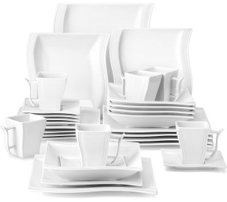 Ivory White Dinnerware Set, 30-Piece Porcelain Dinnerware Sets, Modern Square Dinner Set Plates and Bowls for Dessert, Salad and Pasta, Cup and Saucer Set, Dinnerware Set for 6, Series Flora