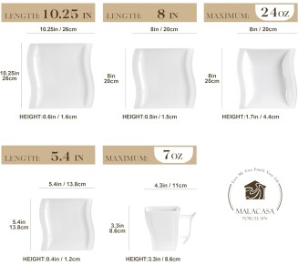 Ivory White Dinnerware Set, 30-Piece Porcelain Dinnerware Sets, Modern Square Dinner Set Plates and Bowls for Dessert, Salad and Pasta, Cup and Saucer Set, Dinnerware Set for 6, Series Flora