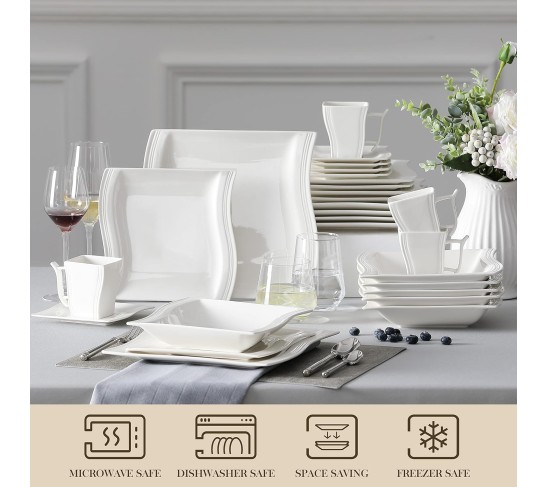 Ivory White Dinnerware Set, 30-Piece Porcelain Dinnerware Sets, Modern Square Dinner Set Plates and Bowls for Dessert, Salad and Pasta, Cup and Saucer Set, Dinnerware Set for 6, Series Flora