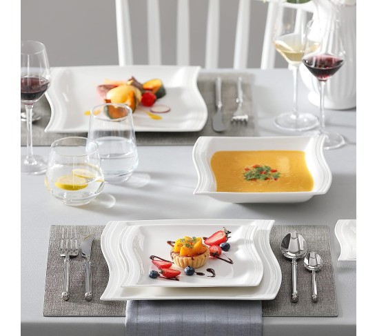 Ivory White Dinnerware Set, 30-Piece Porcelain Dinnerware Sets, Modern Square Dinner Set Plates and Bowls for Dessert, Salad and Pasta, Cup and Saucer Set, Dinnerware Set for 6, Series Flora