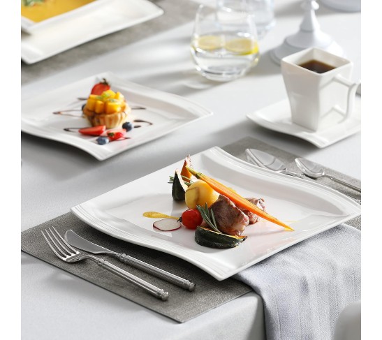 Ivory White Dinnerware Set, 30-Piece Porcelain Dinnerware Sets, Modern Square Dinner Set Plates and Bowls for Dessert, Salad and Pasta, Cup and Saucer Set, Dinnerware Set for 6, Series Flora