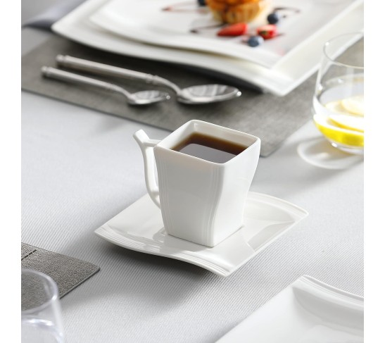Ivory White Dinnerware Set, 30-Piece Porcelain Dinnerware Sets, Modern Square Dinner Set Plates and Bowls for Dessert, Salad and Pasta, Cup and Saucer Set, Dinnerware Set for 6, Series Flora