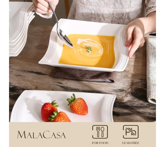 Plates and Bowls Sets,12-Piece Ivory White Square Plate Set for 6, Porcelain Dish Set with Dinner Plates and Soup Plates, Kitchen Dinnerware Sets Microwave Safe, Series Flora