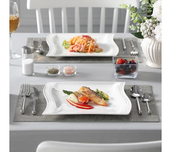 Plates and Bowls Sets,12-Piece Ivory White Square Plate Set for 6, Porcelain Dish Set with Dinner Plates and Soup Plates, Kitchen Dinnerware Sets Microwave Safe, Series Flora