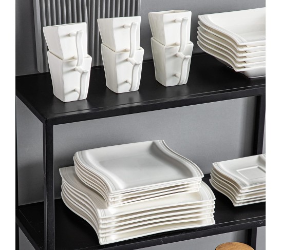 Plates and Bowls Sets,12-Piece Ivory White Square Plate Set for 6, Porcelain Dish Set with Dinner Plates and Soup Plates, Kitchen Dinnerware Sets Microwave Safe, Series Flora