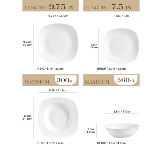 Dinnerware Sets, 24-Piece Porcelain Square Dishes, Gray White Modern Dish Set for 6 - Plates and Bowls Sets, Ideal for Dessert, Salad, and Pasta - Series ELISA