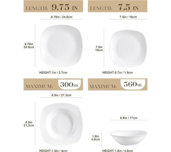 Dinnerware Sets, 24-Piece Porcelain Square Dishes, Gray White Modern Dish Set for 6 - Plates and Bowls Sets, Ideal for Dessert, Salad, and Pasta - Series ELISA