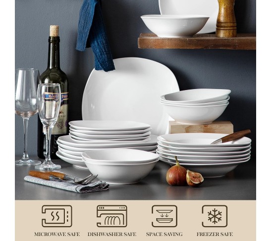 Dinnerware Sets, 24-Piece Porcelain Square Dishes, Gray White Modern Dish Set for 6 - Plates and Bowls Sets, Ideal for Dessert, Salad, and Pasta - Series ELISA