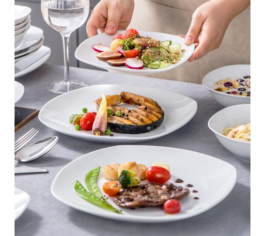 Dinnerware Sets, 24-Piece Porcelain Square Dishes, Gray White Modern Dish Set for 6 - Plates and Bowls Sets, Ideal for Dessert, Salad, and Pasta - Series ELISA