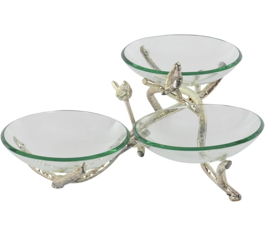 Tempered Glass Bird Serving Bowl with Silver Metal Base, 22" x 20" x 9", Clear