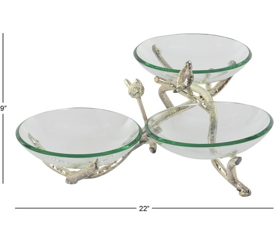 Tempered Glass Bird Serving Bowl with Silver Metal Base, 22" x 20" x 9", Clear