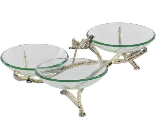 Tempered Glass Bird Serving Bowl with Silver Metal Base, 22" x 20" x 9", Clear
