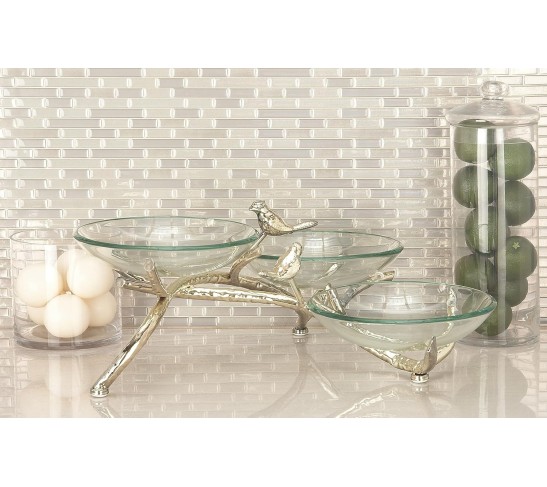 Tempered Glass Bird Serving Bowl with Silver Metal Base, 22" x 20" x 9", Clear