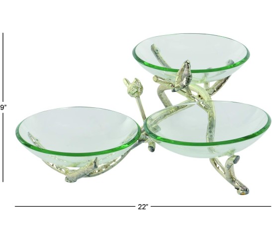 Tempered Glass Bird Serving Bowl with Silver Metal Base, 22" x 20" x 9", Clear
