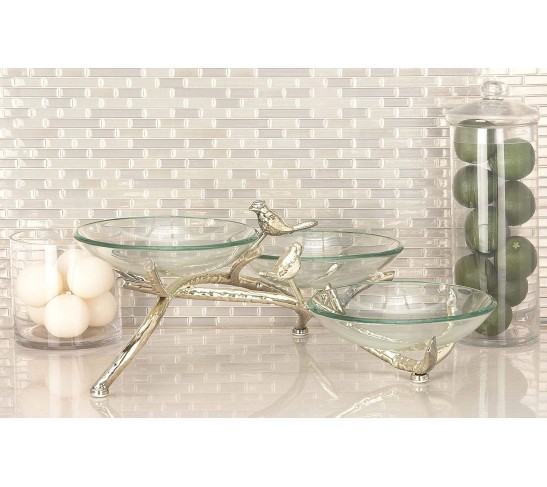 Tempered Glass Bird Serving Bowl with Silver Metal Base, 22" x 20" x 9", Clear