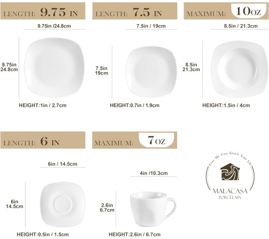 30-Piece Porcelain Dinnerware Set - Gray White Modern Dish Set for 6, Square Dishes Serving Plates Dishes Set, Plates and Bowls Sets, with Cups and Saucers - Series ELISA
