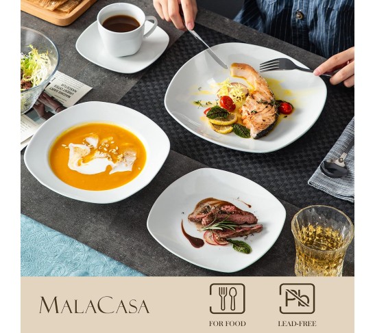 30-Piece Porcelain Dinnerware Set - Gray White Modern Dish Set for 6, Square Dishes Serving Plates Dishes Set, Plates and Bowls Sets, with Cups and Saucers - Series ELISA