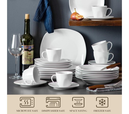 30-Piece Porcelain Dinnerware Set - Gray White Modern Dish Set for 6, Square Dishes Serving Plates Dishes Set, Plates and Bowls Sets, with Cups and Saucers - Series ELISA