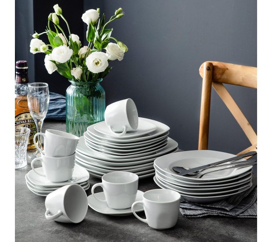 30-Piece Porcelain Dinnerware Set - Gray White Modern Dish Set for 6, Square Dishes Serving Plates Dishes Set, Plates and Bowls Sets, with Cups and Saucers - Series ELISA