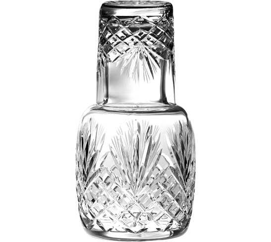 Mouth Blown - Hand Cut - Crystal - 2 Piece Set - 25 oz Bedside Night Carafe/Desktop Carafe with Tumbler Glass - 8.25" H - Made in Europe