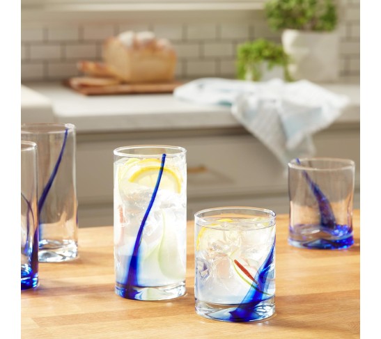 99104 Blue Ribbon Tumbler and Rocks Glass Set, (Set of 16 Piece) Drinkware Glasses Set, Clear Dishwasher Safe Rock and Tumbler Glasses Set