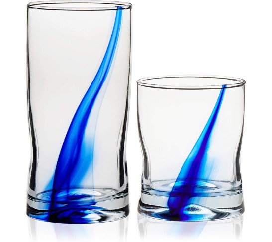 99104 Blue Ribbon Tumbler and Rocks Glass Set, (Set of 16 Piece) Drinkware Glasses Set, Clear Dishwasher Safe Rock and Tumbler Glasses Set
