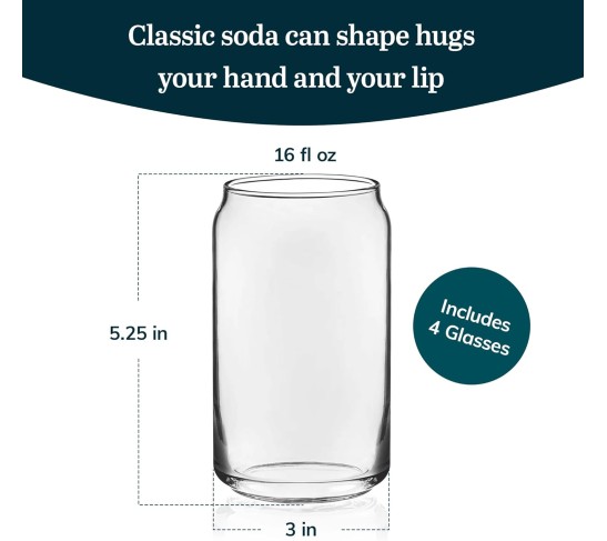 Classic Can Tumbler Glasses Set of 4, Clear Kitchen Glassware Sets for Beverages and Cocktails, Lead-Free, Cute Drinking Glasses, 16-Ounce