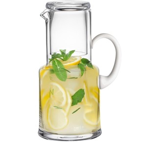 European Quality - Glass - 2 Pc Water set - Large 30 oz. Bedside Water Set - Desktop Water carafe - - with 7 oz. Tumbler Glass - with Opal (white) Handle - Made in Europe