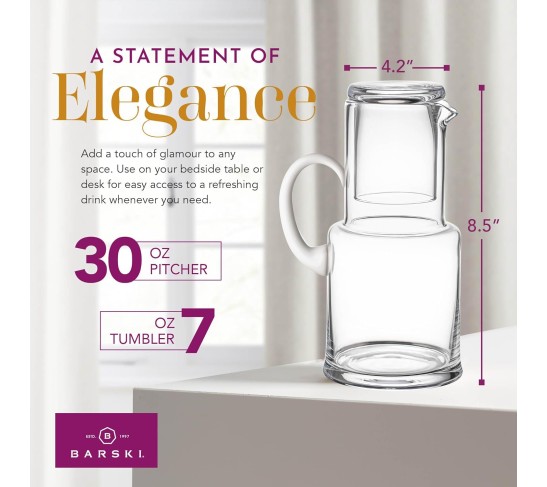 European Quality - Glass - 2 Pc Water set - Large 30 oz. Bedside Water Set - Desktop Water carafe - - with 7 oz. Tumbler Glass - with Opal (white) Handle - Made in Europe