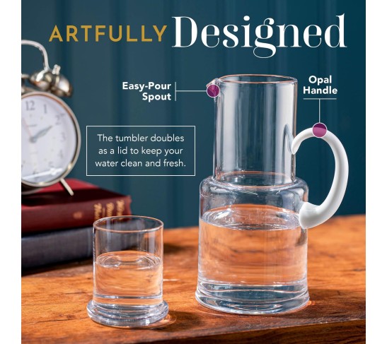 European Quality - Glass - 2 Pc Water set - Large 30 oz. Bedside Water Set - Desktop Water carafe - - with 7 oz. Tumbler Glass - with Opal (white) Handle - Made in Europe