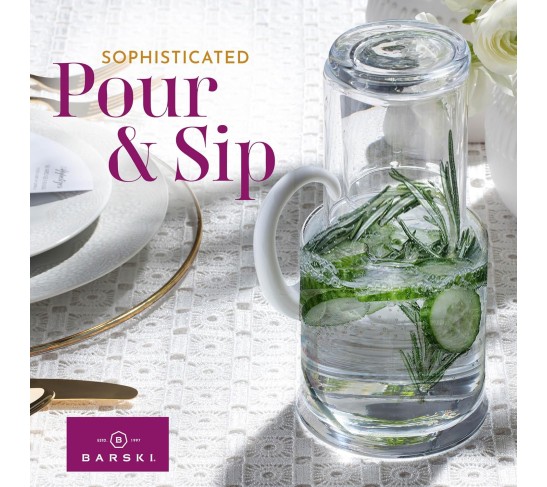 European Quality - Glass - 2 Pc Water set - Large 30 oz. Bedside Water Set - Desktop Water carafe - - with 7 oz. Tumbler Glass - with Opal (white) Handle - Made in Europe