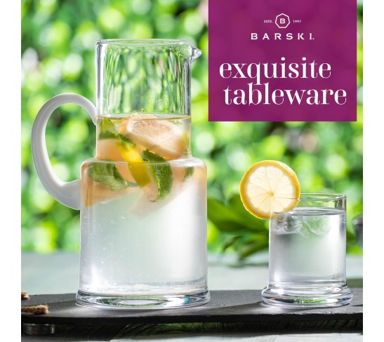 European Quality - Glass - 2 Pc Water set - Large 30 oz. Bedside Water Set - Desktop Water carafe - - with 7 oz. Tumbler Glass - with Opal (white) Handle - Made in Europe