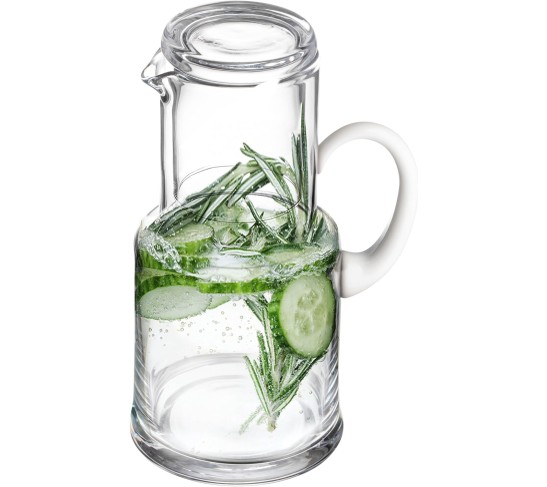 European Quality - Glass - 2 Pc Water set - Large 30 oz. Bedside Water Set - Desktop Water carafe - - with 7 oz. Tumbler Glass - with Opal (white) Handle - Made in Europe