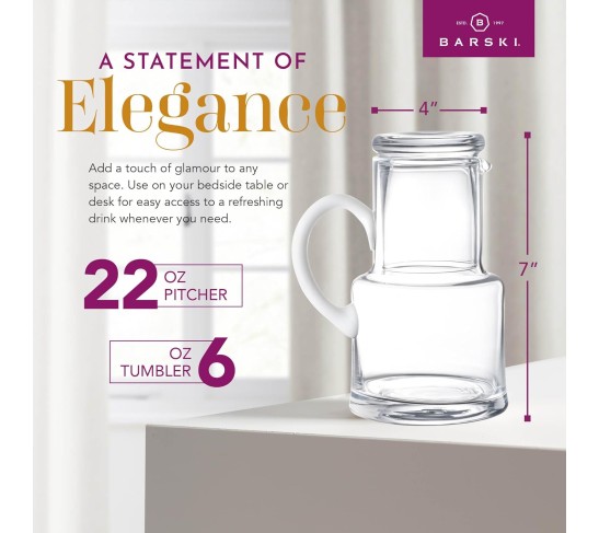 European Quality - Glass - 2 Pc Water set - 22 oz. Bedside Water Set - Desktop Water carafe - - with 6 oz. Tumbler Glass - with Opal (white) Handle - Made in Europe