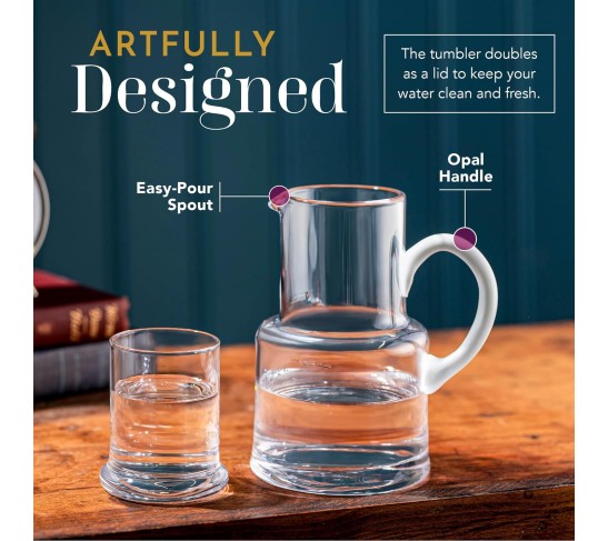 European Quality - Glass - 2 Pc Water set - 22 oz. Bedside Water Set - Desktop Water carafe - - with 6 oz. Tumbler Glass - with Opal (white) Handle - Made in Europe