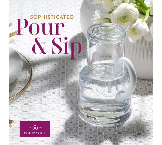 European Quality - Glass - 2 Pc Water set - 22 oz. Bedside Water Set - Desktop Water carafe - - with 6 oz. Tumbler Glass - with Opal (white) Handle - Made in Europe