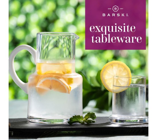 European Quality - Glass - 2 Pc Water set - 22 oz. Bedside Water Set - Desktop Water carafe - - with 6 oz. Tumbler Glass - with Opal (white) Handle - Made in Europe