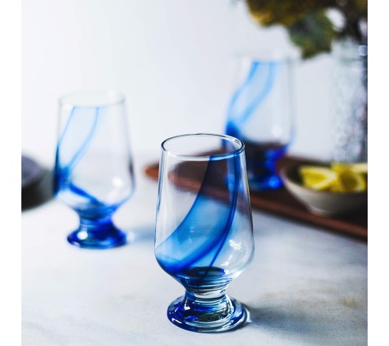 Blue Ribbon Goblet Glasses, Unique Blue Water Goblets Set of 8, Thick Stemmed Water Glasses for Sodas & Cocktails