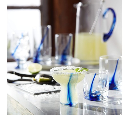 Blue Ribbon Stemless Margarita Glasses, Shallow Bowl Lightweight Margarita Glasses Set of 6, Margarita Set for Parties