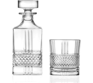 Whiskey Decanter and Glass 7 pc Set - For Whiskey, Liquor, Scotch, Bourbon - Glass Crystal - 29 oz. Square Decanter with 6-12 oz. Double Old Fashioned Tumblers- By Made in Europe