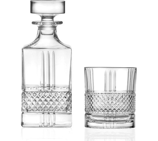 Whiskey Decanter and Glass 7 pc Set - For Whiskey, Liquor, Scotch, Bourbon - Glass Crystal - 29 oz. Square Decanter with 6-12 oz. Double Old Fashioned Tumblers- By Made in Europe
