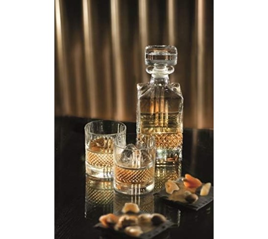 Whiskey Decanter and Glass 7 pc Set - For Whiskey, Liquor, Scotch, Bourbon - Glass Crystal - 29 oz. Square Decanter with 6-12 oz. Double Old Fashioned Tumblers- By Made in Europe