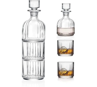 Glass 3 Pc Set, Crystal Glass Whiskey Decanter with 2 Tumblers, Stackable, Double Old Fashioned Tumblers, DOF, Decanter is 12 Oz, Each D.O.F. Tumbler is 12 Oz, by , Made in Europe