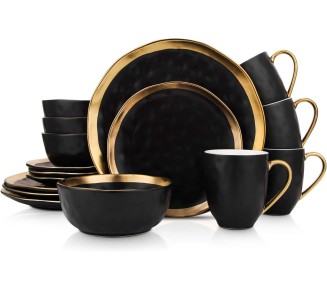 Modern Poreclain 16 Piece Dinnerware Set, Plates and Bowls Set, Dish set for 4, Black And Golden Rim