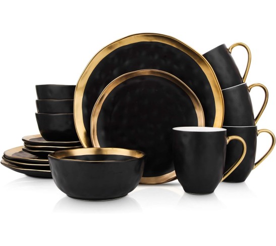 Modern Poreclain 16 Piece Dinnerware Set, Plates and Bowls Set, Dish set for 4, Black And Golden Rim