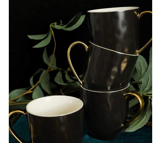 Modern Poreclain 16 Piece Dinnerware Set, Plates and Bowls Set, Dish set for 4, Black And Golden Rim