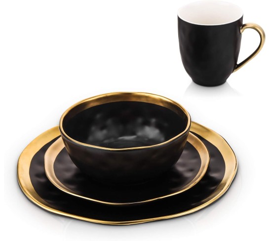 Modern Poreclain 16 Piece Dinnerware Set, Plates and Bowls Set, Dish set for 4, Black And Golden Rim