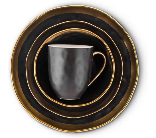 Modern Poreclain 16 Piece Dinnerware Set, Plates and Bowls Set, Dish set for 4, Black And Golden Rim