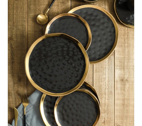 Modern Poreclain 16 Piece Dinnerware Set, Plates and Bowls Set, Dish set for 4, Black And Golden Rim