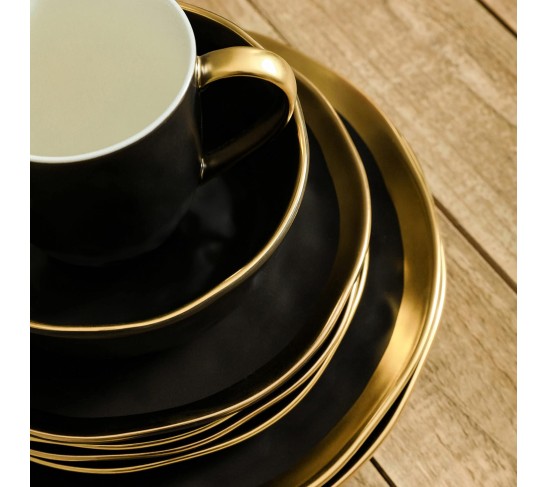 Modern Poreclain 16 Piece Dinnerware Set, Plates and Bowls Set, Dish set for 4, Black And Golden Rim